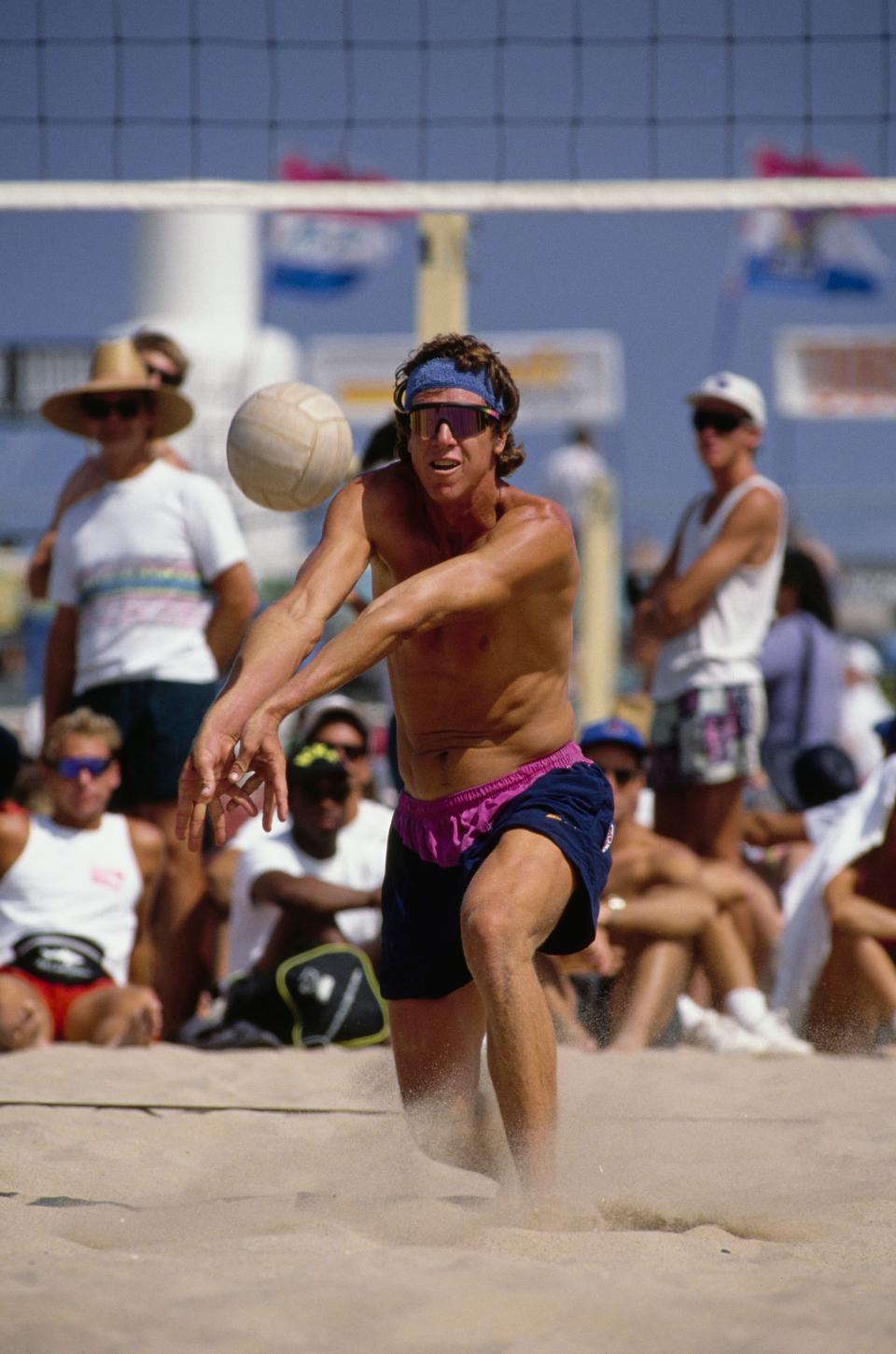 Volleyball player Pat Powers from the United States plays a shot during the AVP (Association of Volleyball Professionals) Miller Lite Venice Open on 26th May 1990 at Venice Beach, California, United States.