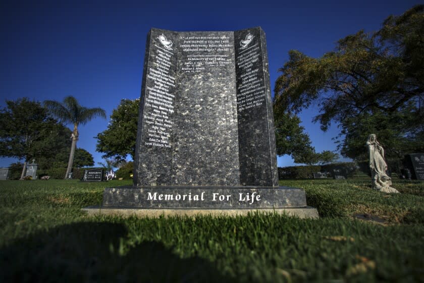 Riverside, CA - June 30: A monument dedicated to aborted babies with their names engraved at Pierce Brothers Crestlawn Memorial Park on Thursday, June 30, 2022 in Riverside, CA. (Irfan Khan / Los Angeles Times)