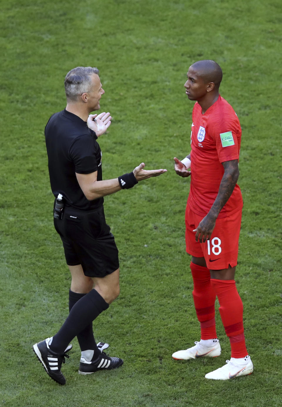 <p>Referee Bjorn Kuipers gestures to England’s Ashley Young </p>