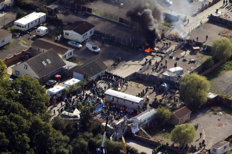 Aerial view of the eviction at Dale Farm<br>Dale Farm travellers’ site eviction, near Crays Hill, Essex (Rex)