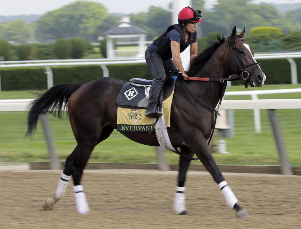 Exercise rider Tammy Fox rides Everfast during a workout at Belmont Park in Elmont, N.Y., Thursday, June 6, 2019. The 151st Belmont Stakes horse race will be run on Saturday, June 8, 2019. (AP Photo/Seth Wenig)