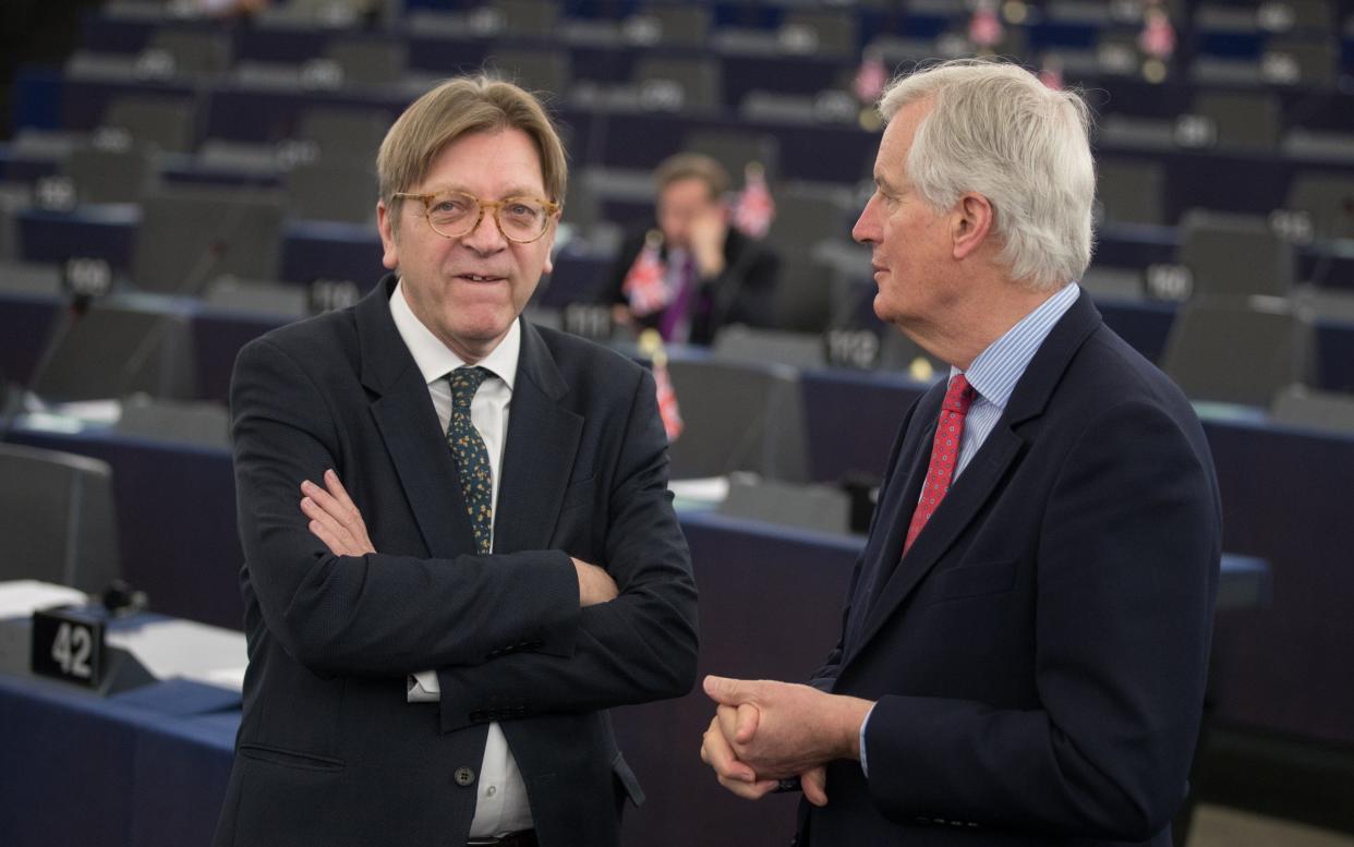 Guy Verhofstadt, Brexit negotiator for the European Parliament, left, speaks with Michel Barnier, the European Union's (EU) chief Brexit negotiator - Jasper Juinen /Bloomberg 