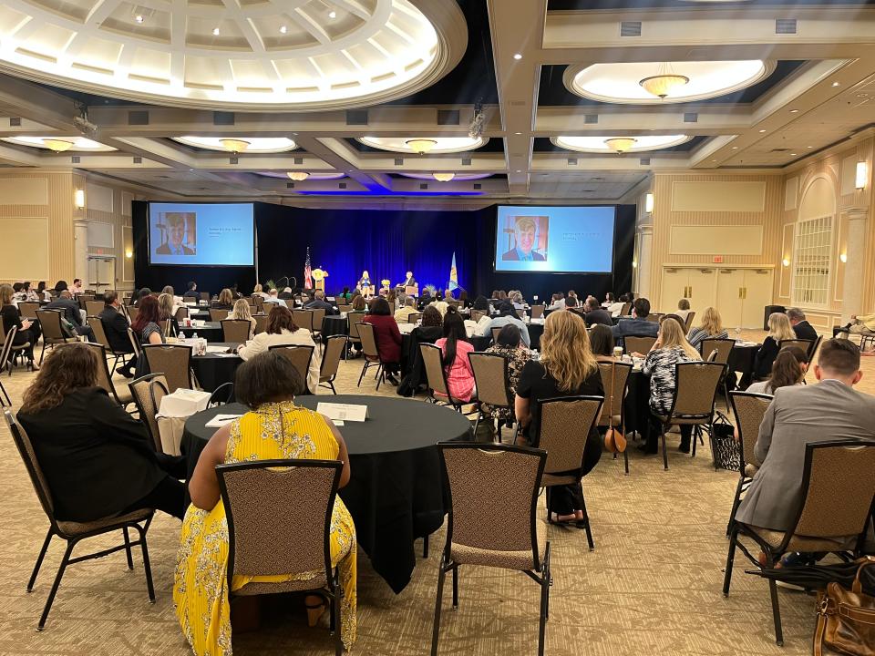 Lt. Gov. Bethany Hall-Long speaks with former U.S. Rep. Patrick Kennedy, D-RI, at Delaware's inaugural mental and behavioral health summit on Monday. Hall-Long convened the summit.