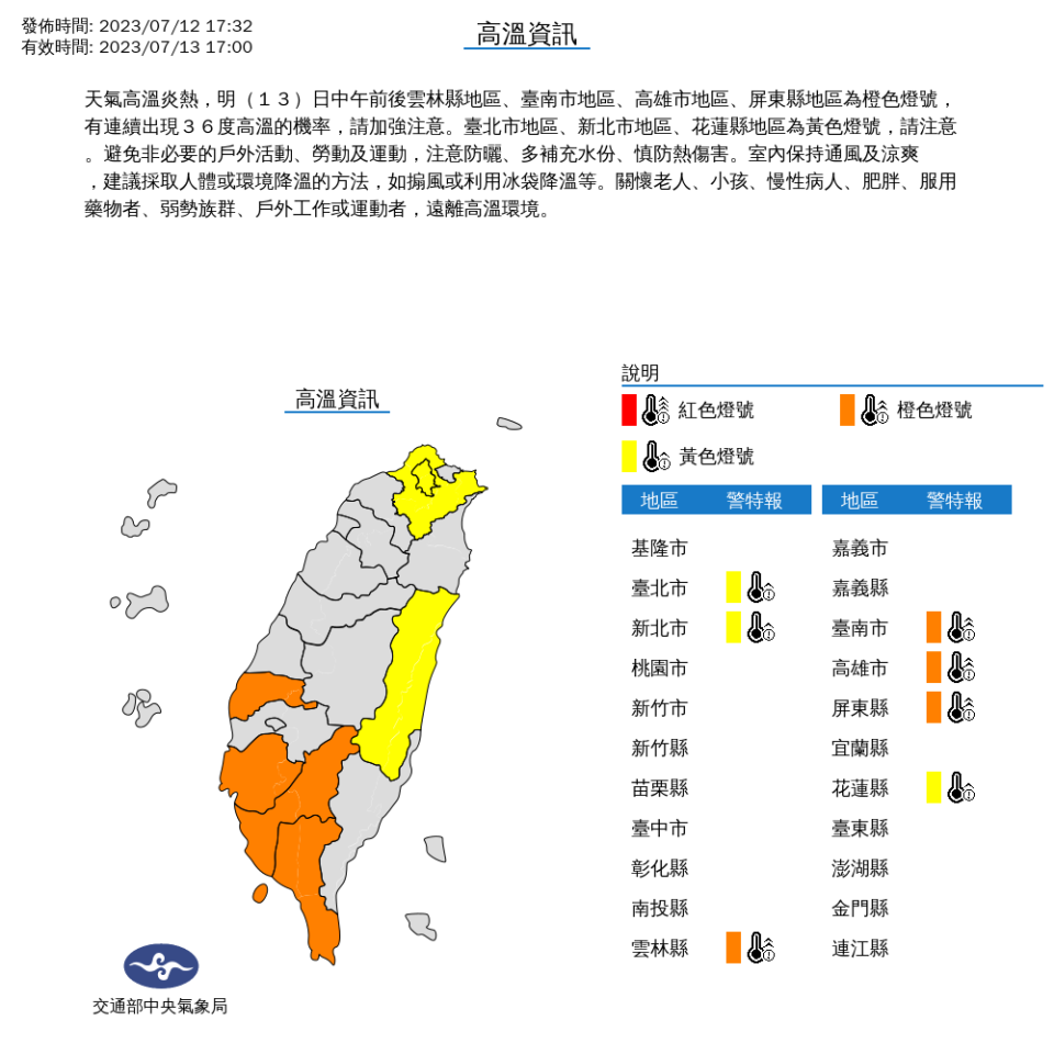 氣象局針對雙北等7縣市發布高溫警示。（中央氣象局提供）