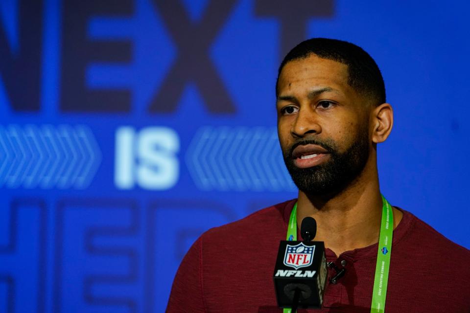 Cleveland Browns general manager Andrew Berry speaks during a press conference at the NFL football scouting combine in Indianapolis, Tuesday, March 1, 2022. (AP Photo/Michael Conroy)