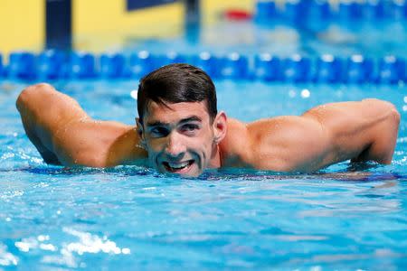 Jun 28, 2016; Omaha, NE, USA; Michael Phelps after the men's butterfly 200m semi-finals in the U.S. Olympic swimming team trials at CenturyLink Center. Mandatory Credit: Erich Schlegel-USA TODAY Sports