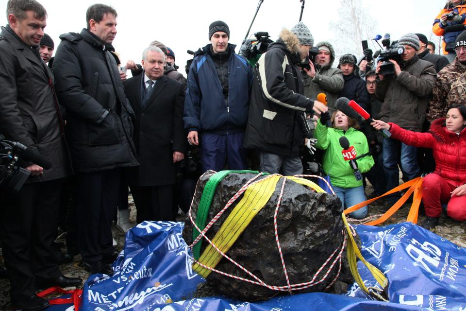 What scientists believe is a chunk of a space rock recovered in Chelyabinsk, Russia, in 2013.