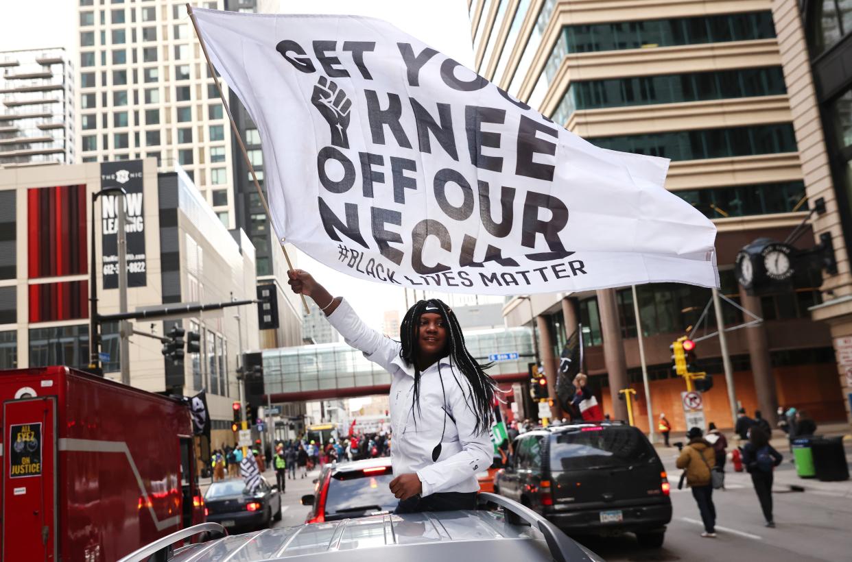 <p>MINNEAPOLIS, MINNESOTA - APRIL 20: People react after the verdict was read in the Derek Chauvin trial on April 20, 2021 In Minneapolis, Minnesota. Former police officer Derek Chauvin was on trial on second-degree murder, third-degree murder and second-degree manslaughter charges in the death of George Floyd May 25, 2020.  After video was released of then-officer Chauvin kneeling on Floyd’s neck for nine minutes and twenty-nine seconds, protests broke out across the U.S. and around the world. The jury found Chauvin guilty on all three charges. </p> ((Photo by Scott Olson/Getty Images))