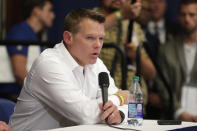 Indianapolis Colts general manager Chris Ballard speaks during a news conference after the team's NFL preseason football game against the Chicago Bears, Saturday, Aug. 24, 2019, in Indianapolis. Colts quarterback Andrew Luck announced that he his retiring at age 29. (AP Photo/Michael Conroy)