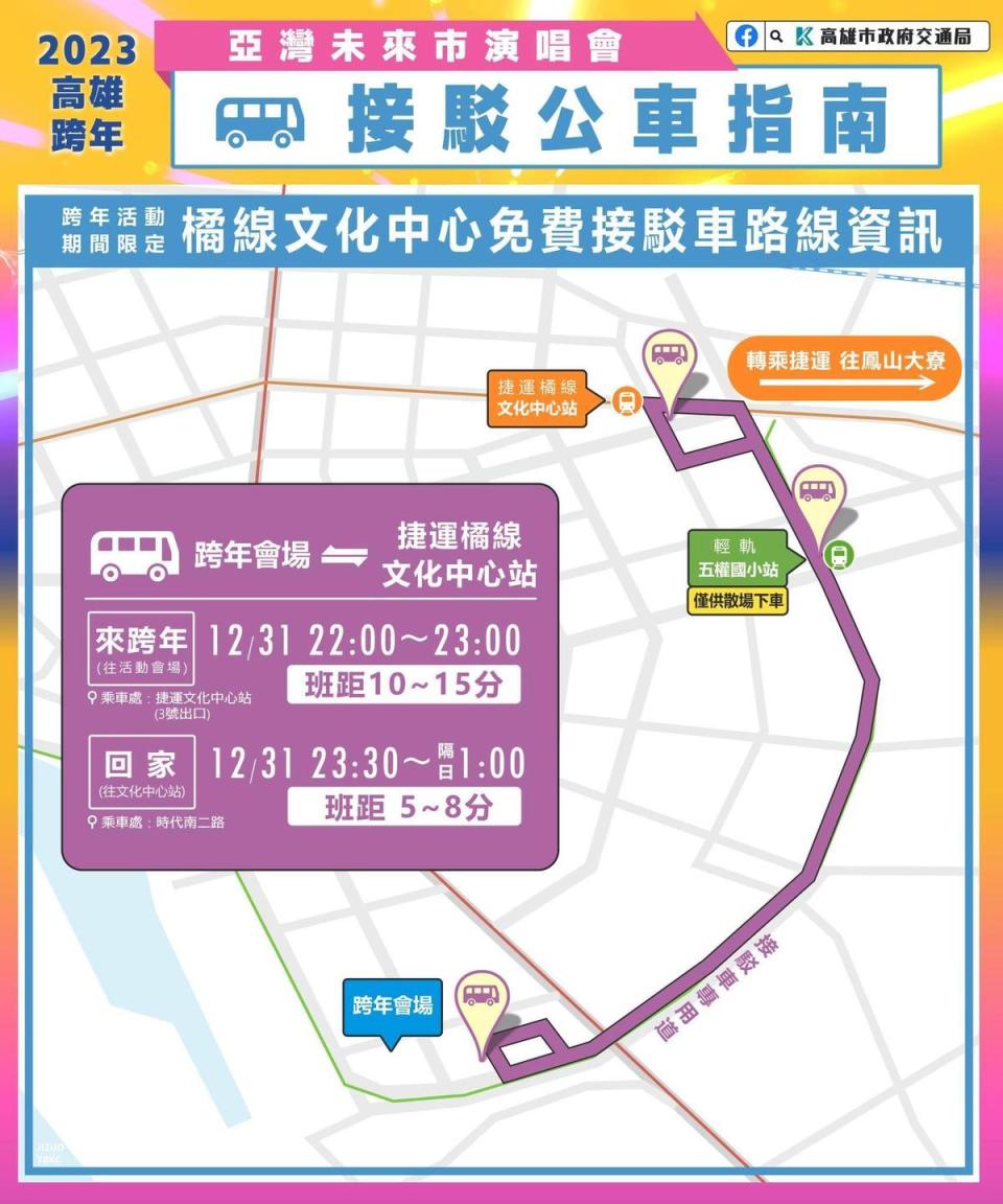 高雄跨年《亞灣未來市演唱會》接駁公車指南。（高雄市政府提供）