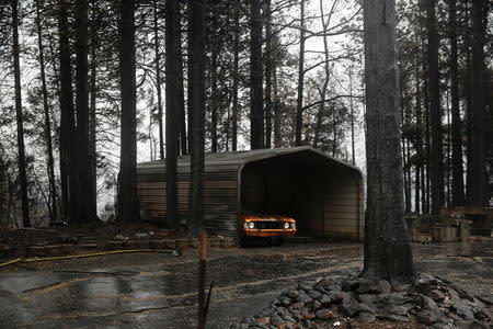 An old car is seen in a shed surrounded by damage caused by the Camp Fire in Paradise, California, U.S. November 21, 2018. REUTERS/Elijah Nouvelage