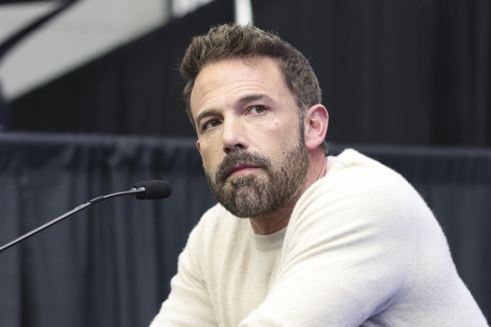 Actor, writer and director Ben Affleck addresses the media regarding his new Michael Jordon movie "Air" at an NBA basketball All-Star event Friday, Feb. 17, 2023, in Salt Lake City. (AP Photo/Rob Gray)