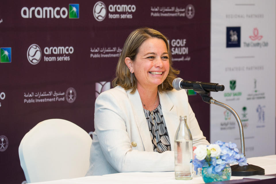 Ladies European Tour CEO Alexandra Armas meets with the media.