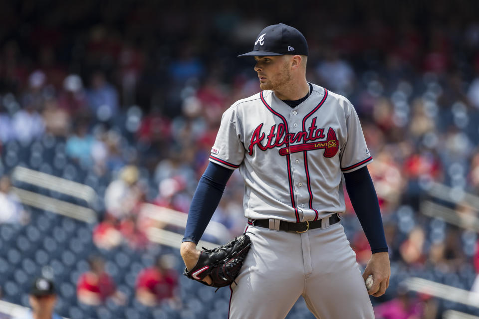 WASHINGTON, DC - JULY 31: Sean Newcomb #15 of the Atlanta Braves pitches against the Washington Nationals during the ninth inning at Nationals Park on July 31, 2019 in Washington, DC. (Photo by Scott Taetsch/Getty Images)
