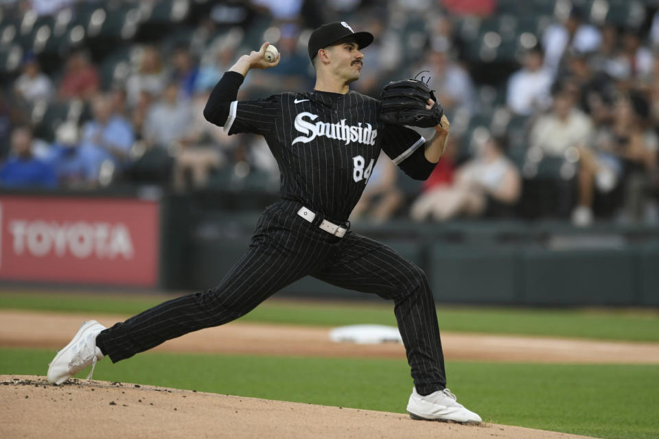 Chicago White Sox starter Dylan Cease delivers a pitch during the first inning of a baseball game against the Toronto Blue Jays Tuesday, June 21, 2022, in Chicago. (AP Photo/Paul Beaty)