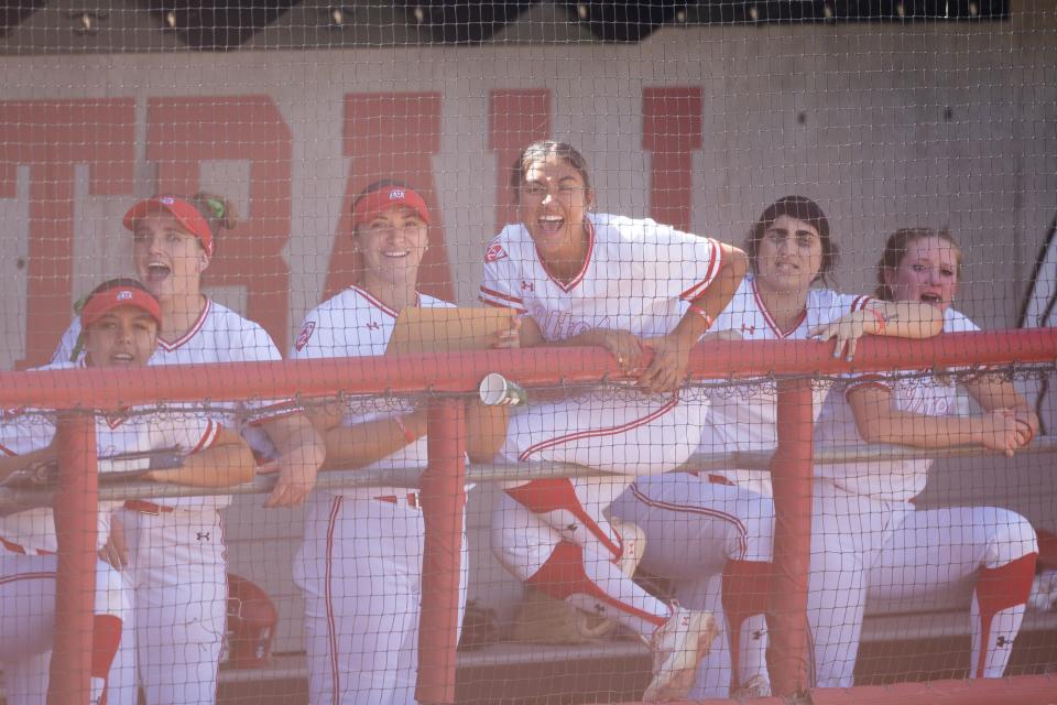 Utah’s dugout cheers during an NCAA softball game between Utah and UCLA at Dumke Family Softball Stadium in Salt Lake City on April 29, 2023. | Ryan Sun, Deseret News