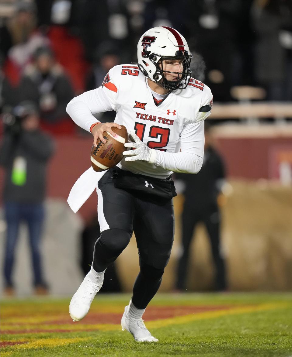 Texas Tech quarterback Tyler Shough scrambles in the first quarter against Iowa State during a NCAA football game on Saturday, Nov. 19, 2022, at Jack Trice Stadium in Ames.