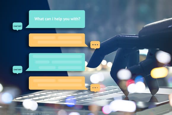 A chatbot screen with a robot hand in the background.