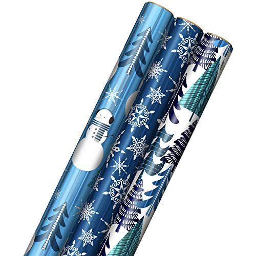 15) Hallmark Blue Foil Christmas Wrapping Paper with Cut Lines