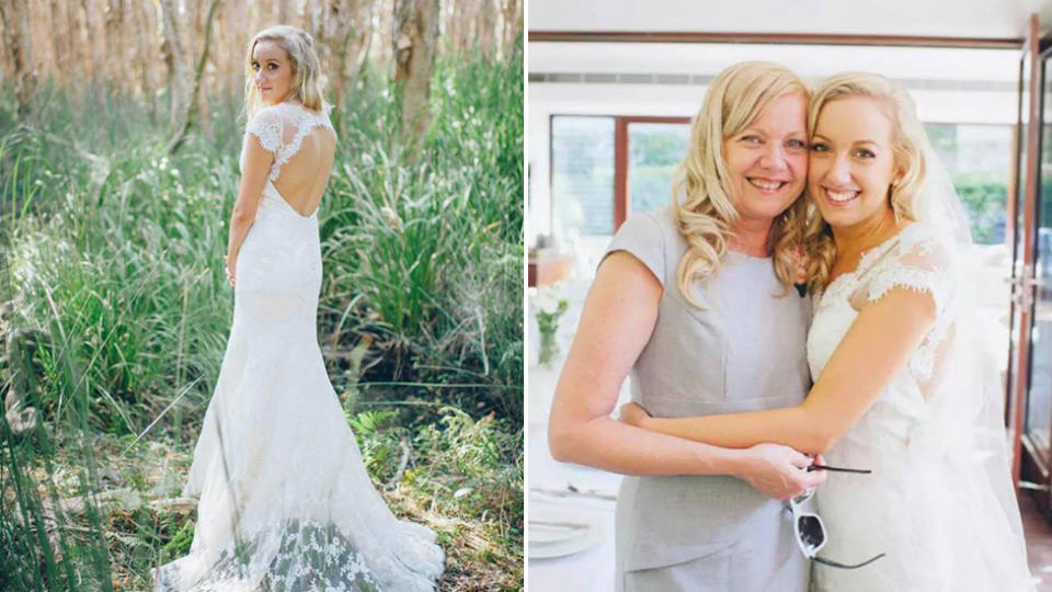 Pictured is Sian Lucas posing in her custom made wedding dress and with her mother on her wedding day.