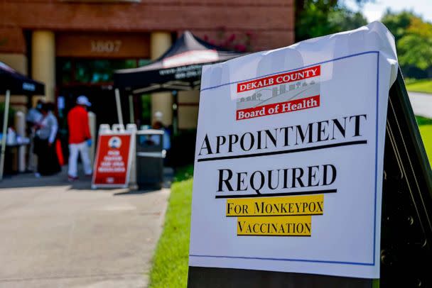 PHOTO: A sign directs patients to a Dekalb County Board of Health monkeypox vaccine clinic, in Atlanta, Aug. 5, 2022.  (Erik S. Lesser/EPA-EFE/Shutterstock)