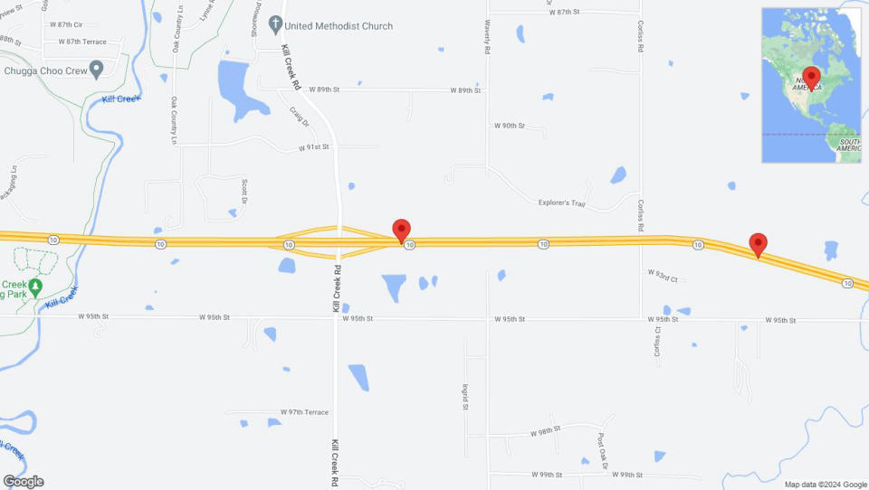 A detailed map that shows the affected road due to 'Traffic alert issued due to heavy rain conditions on eastbound K-10 in De Soto' on May 19th at 10:35 p.m.