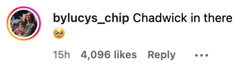 Profile icon of a user with two people, text overlay "bylucys_chip Chadwick in there" with a smiling emoji, and social media engagement stats