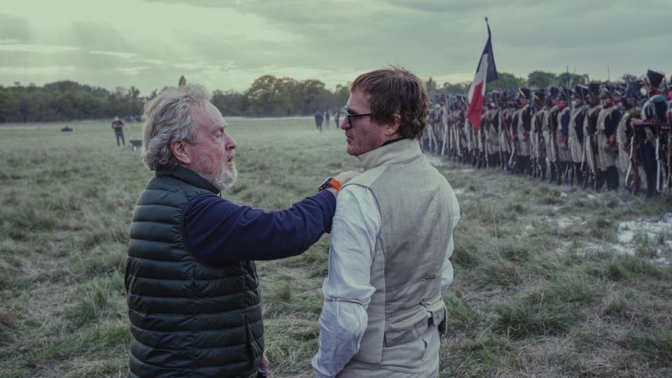 Director Ridley Scott and lead actor Joaquin Phoenix during the filming of ‘Napoleon' (Courtesy of Apple)