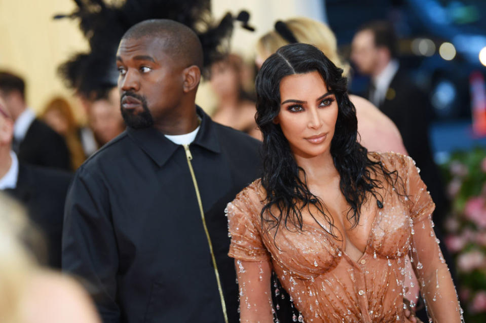 Ye (L) and Kim (R) at the 2019 Met Gala, the era of Kim's famous "wet" dress