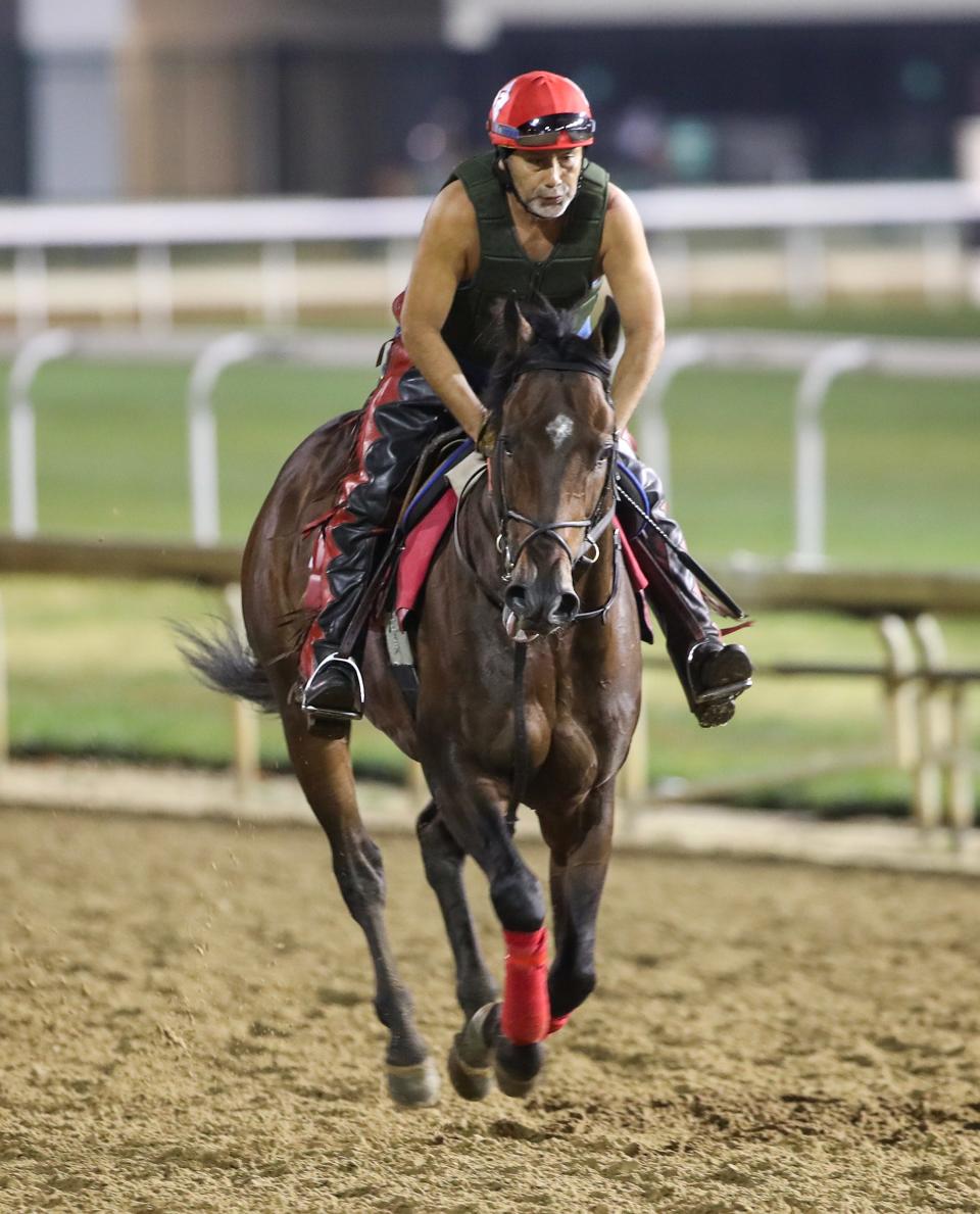 Exercise rider Margarito Fierro aboard the Greg Foley-trained Bango at Churchill Downs on Oct. 4, 2023.