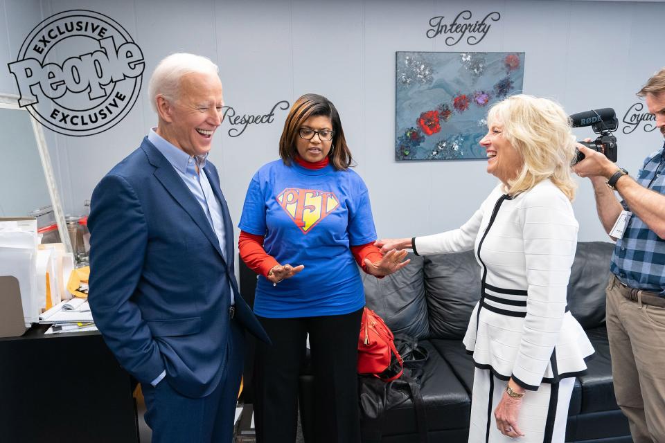 The Bidens share a laugh before officially launching his campaign at the Teamsters Temple in Pittsburgh on April 29, 2019.
