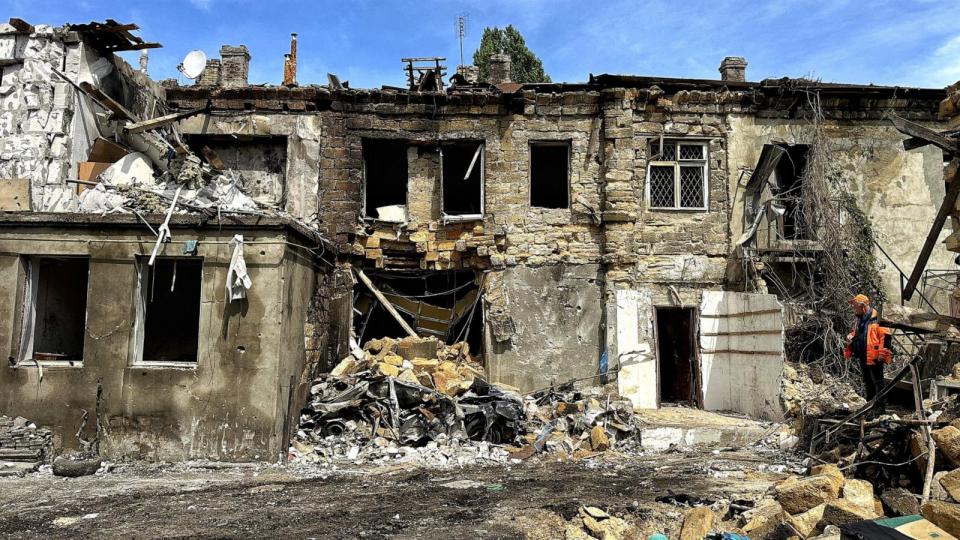 PHOTO: The damage to a residential building by a nighttime Russian drone attack is shown in Odesa, southern Ukraine, on April 23, 2024.  (Nina Liashonok/Ukrinform via ABACAPRESS.COM via Newscom)