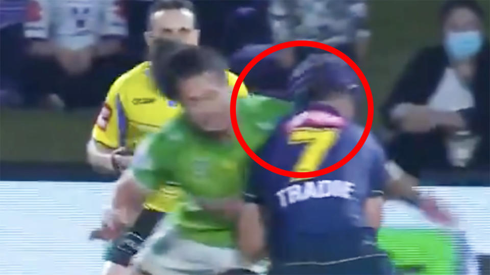 Canberra Raiders back rower Corey Harawira-Naera is facing a lengthy stint on the sidelines for this hit on Melbourne Storm's Jahrome Hughes. Picture: Channel Nine