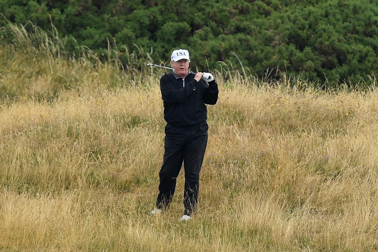 Donald Trump plays a round of golf at Trump Turnberry Luxury Collection Resort during the US President's first official visit to the United Kingdom on July 15, 2018 in Turnberry, Scotland. (Getty Images)