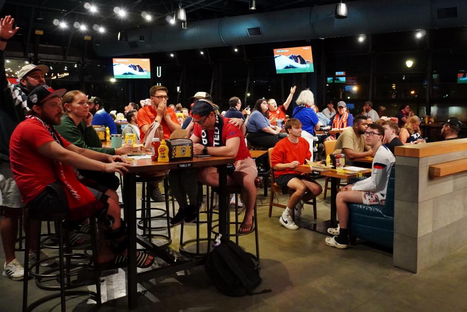 Fans of the United States at a viewing party at Lower.com Field watch the women's soccer team play to a scoreless draw with Portugal.