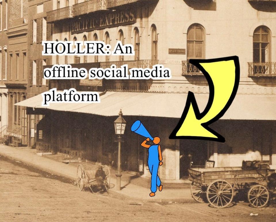 A photo illustration showing how HOLLER, an offline social media site, works.