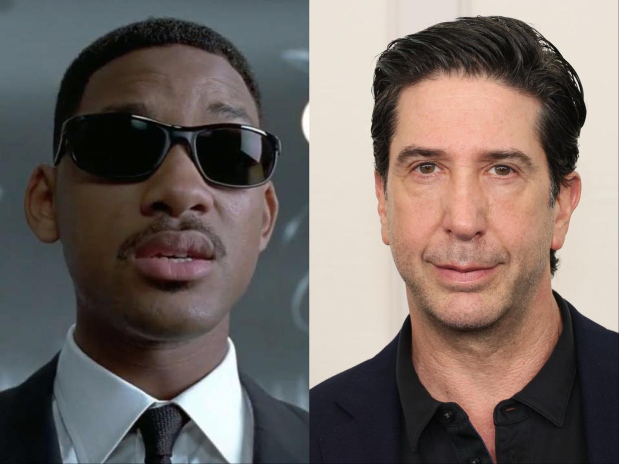 A composite of images featuring a screengrab of "Men In Black," in which Will Smith is wearing sunglasses and a suit, and ann image of David Schwimmer in black formal clothing at an event in 2024.