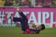 Rajasthan Royals' Rahul Chahal successfully takes a catch to dismiss Punjab Kings' Prabhsimran Singh during the Indian Premier League cricket match between Rajasthan Royals and Punjab Kings in Guwahati, India, Wednesday, May. 15, 2023. (AP Photo/Anupam Nath)