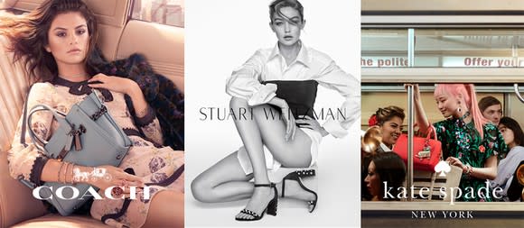 The Coach, Stuart Weitzman, and Kate Spade brands displayed side-by-side, displaying women wearing accessories from each brand.