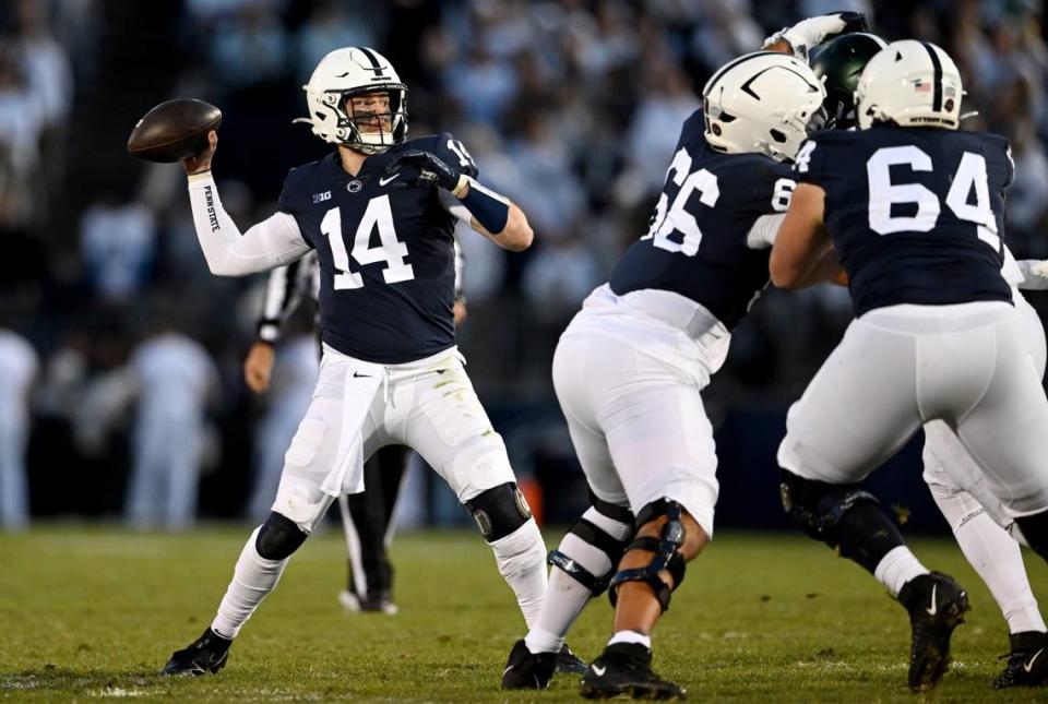 Penn State quarterback Sean Clifford makes a pass during the game against Michigan State on Saturday, Nov. 26, 2022.