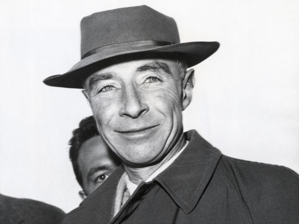 J. Robert Oppenheimer photographed upon arrival at Orly Airport in Paris.