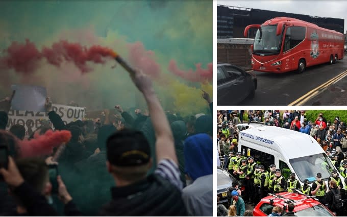 The Liverpool bus is blocked ahead of kick-off as Man Utd fans protest outside Old Trafford - GETTY IMAGES