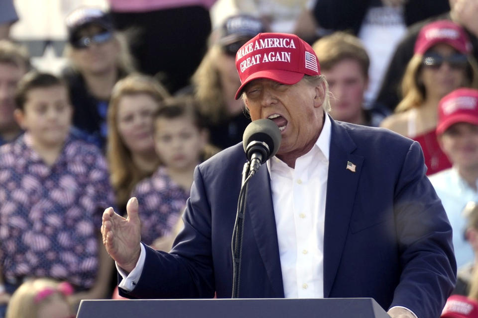 Republican presidential candidate former President Donald Trump speaks at a Buckeye Values PAC rally on Saturday, March 16, 2024, in Vandalia, Ohio. (AP Photo/Meg Kinnard)