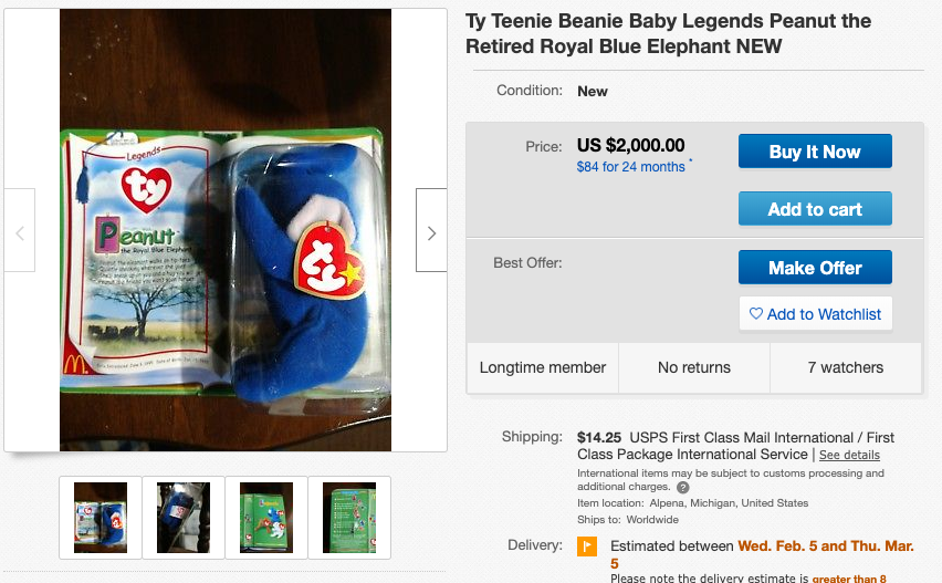 TY Teenie Beanie Baby Peanut the Royal Blue Elephant. Source: eBay