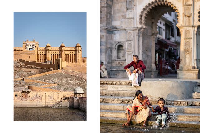 <p>Aparna Jayakumar</p> From left: Amber Fort, outside Jaipur, founded by the Rajput royal family in the 16th century; splashing in the waters of Lake Pichola, in Udaipur.