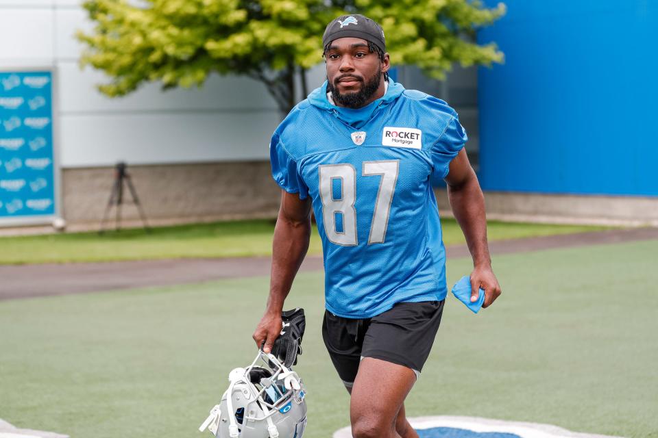 Lions wide receiver Quintez Cephus takes the field for practice during the first day of training camp July 27, 2022 in Allen Park.