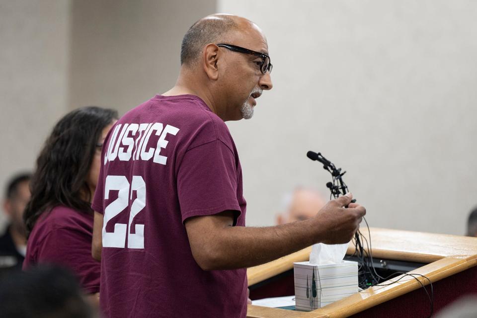 Jesse Rizo and Juanita Cazares, family of Uvalde shooting victim Jackie Cazares, speak during the Department of Public Safety Commission meeting at DPS Headquarters on Thursday, Oct. 27, 2022. 