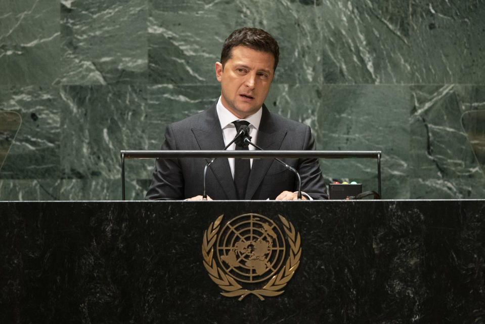 Ukraine President Volodymyr Zelenskiy speaks during the 76th session of the United Nations General Assembly, Wednesday, Sept. 22, 2021, at UN headquarters. (Eduardo Munoz/Pool Photo via AP)