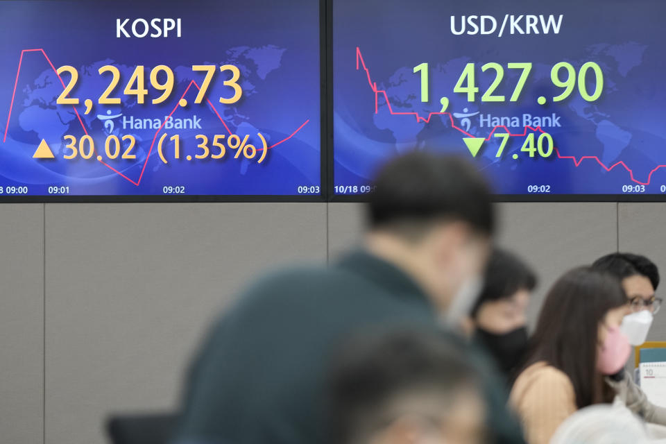 Currency traders work near the screens showing the Korea Composite Stock Price Index (KOSPI), left, and the foreign exchange rate between U.S. dollar and South Korean won at a foreign exchange dealing room in Seoul, South Korea, Tuesday, Oct. 18, 2022. Stocks were mostly higher in Asia on Tuesday after Wall Street rallied in its latest about-face in recent topsy-turvy trading. (AP Photo/Lee Jin-man)