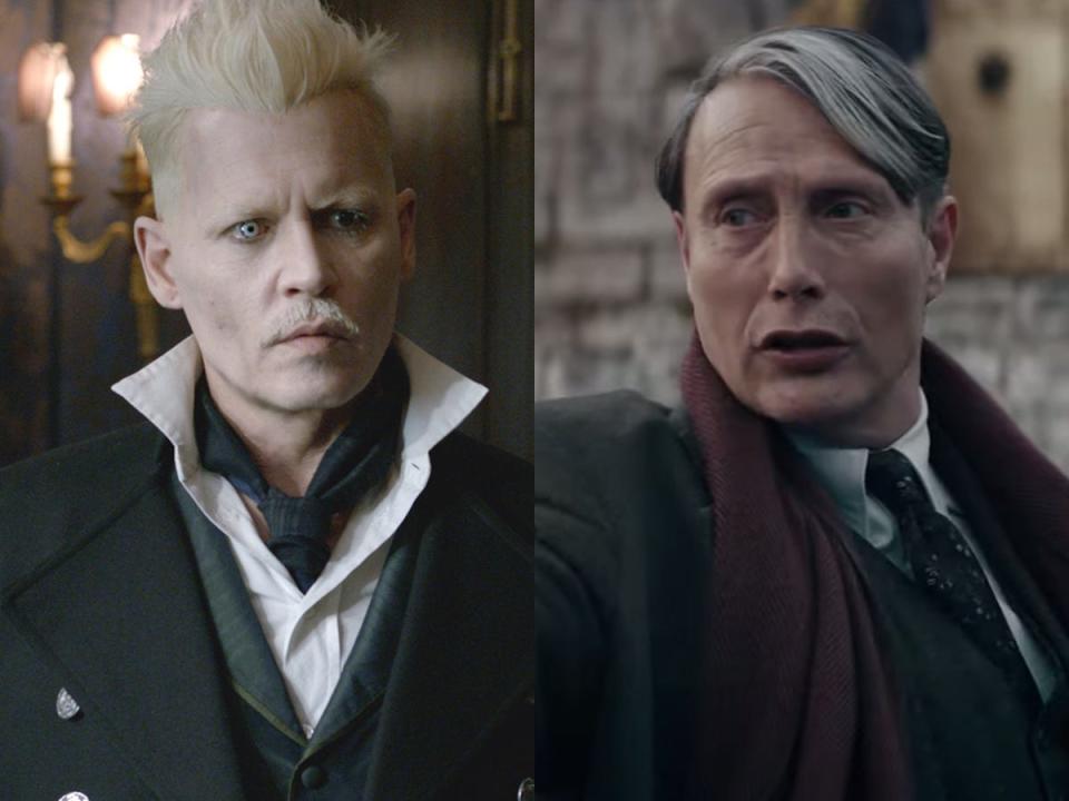 On the left: Johnny Depp as Gellert Grindelwald in "Fantastic Beasts: The Crimes of Grindelwald." On the right: Mads Mikkelsen as Gellert Grindelwald in "Fantastic Beasts: The Secrets of Dumbledore."